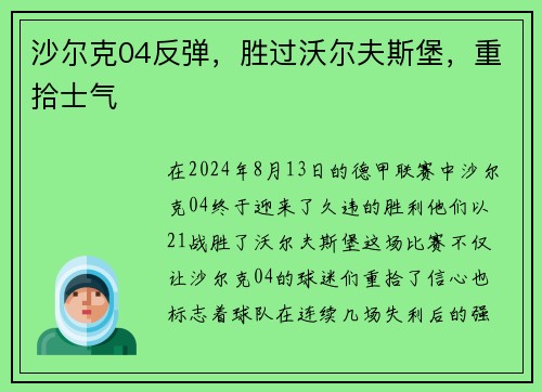 沙尔克04反弹，胜过沃尔夫斯堡，重拾士气