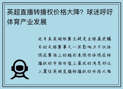 英超直播转播权价格大降？球迷呼吁体育产业发展